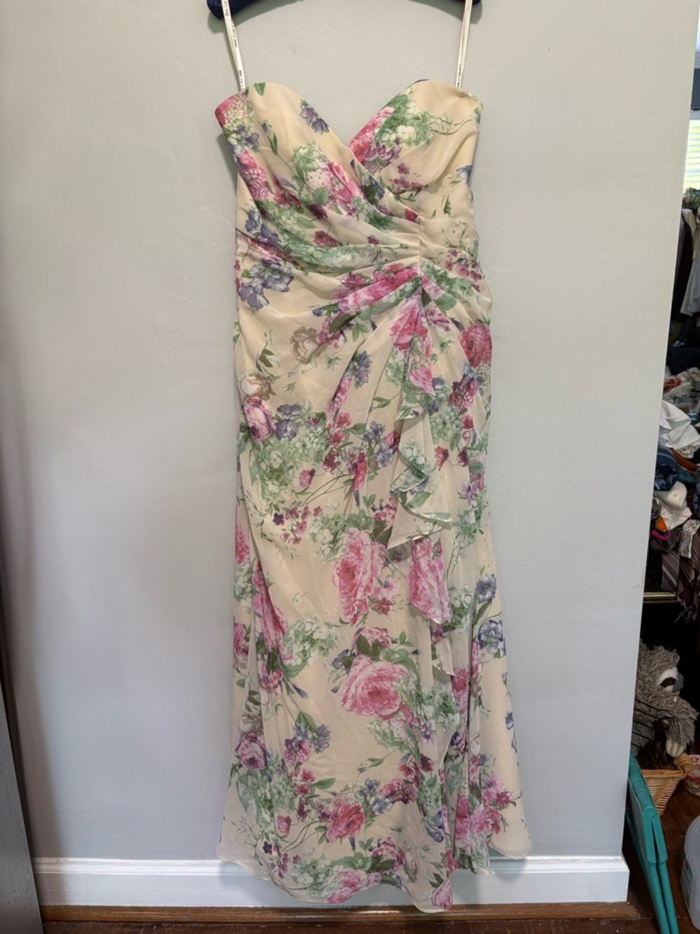 Mori Lee Strapless Floral Evening Gown in Cream, Pink & Green